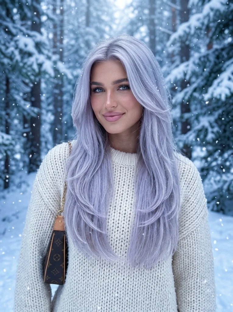 Gemini AI hairstyle prompt preview with waist-length icy lavender layers, snowy forest, and blue winter light