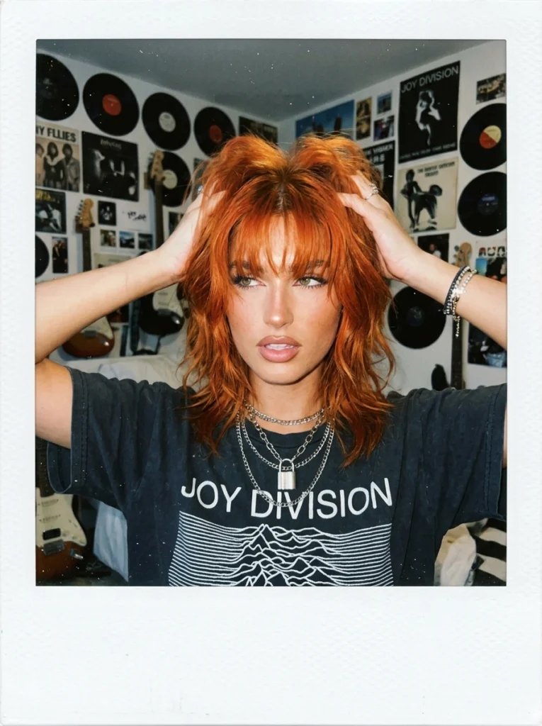 Gemini AI hairstyle prompt preview with vivid ginger wolf cut, choppy bangs, and vintage flash bedroom styling
