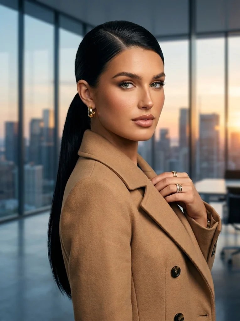 Gemini AI hairstyle prompt preview with low jet-black ponytail, modern office, and sunset city skyline