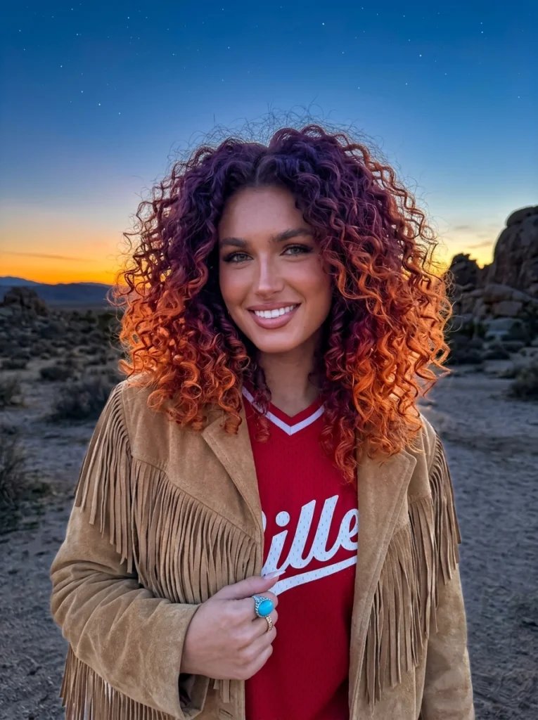 Gemini AI hairstyle prompt preview with voluminous sunset ombre curls, desert blue hour, and fringe jacket styling