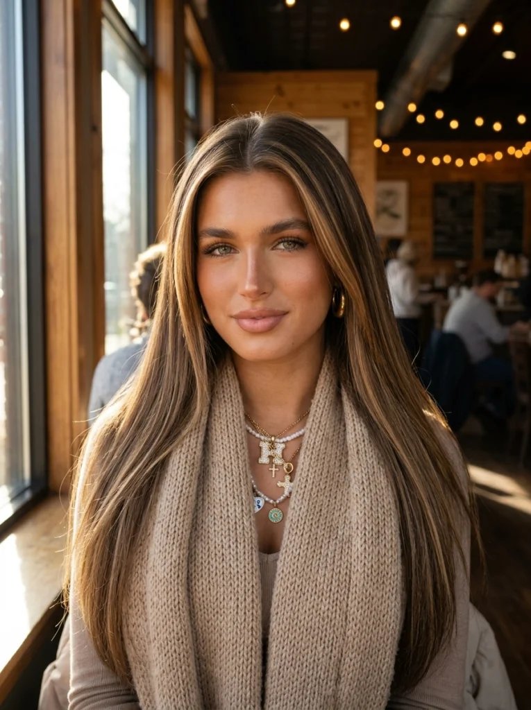 Gemini AI hairstyle prompt preview with long straight hair, caramel face-framing highlights, and cozy coffee shop light