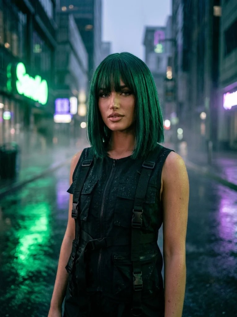 Gemini AI hairstyle prompt preview with emerald blunt bob, heavy fringe, rainy cyberpunk street, and neon mist
