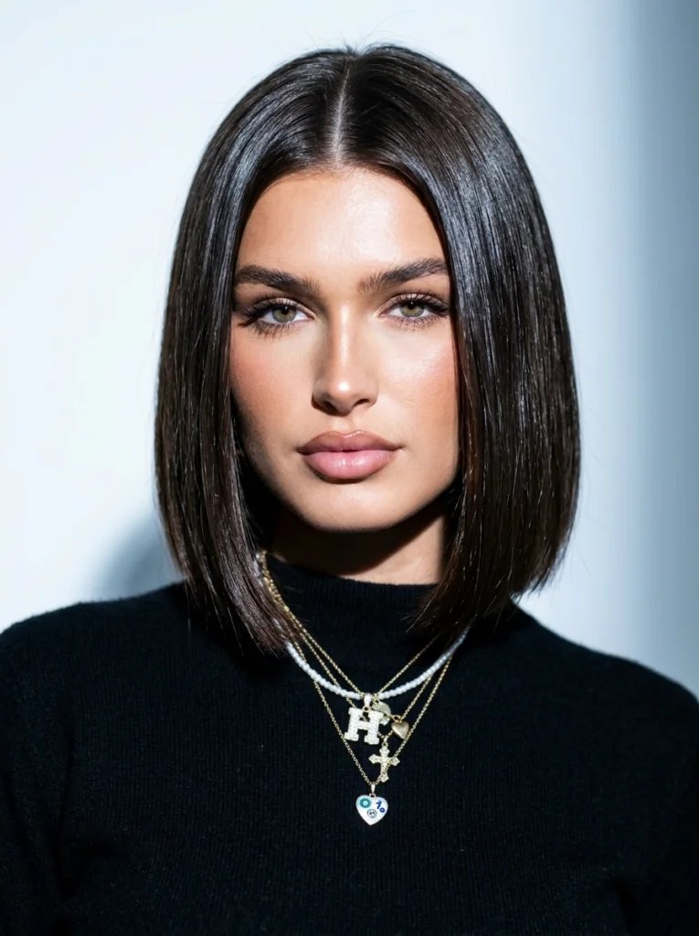 Gemini AI hairstyle prompt preview with chin-length glass bob, espresso brown hair, and cool studio side lighting