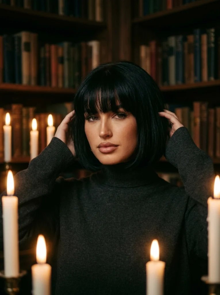 Gemini AI hairstyle prompt preview with dark French bob, blunt bangs, candlelit library, and vintage film grain