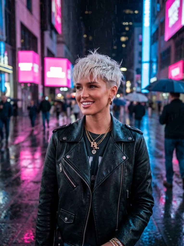 Gemini AI hairstyle prompt preview with platinum pixie cut, rainy neon city street, and leather jacket styling