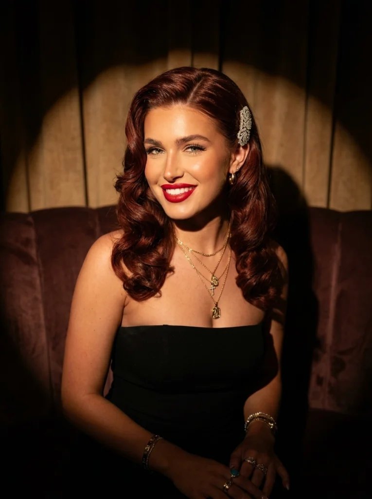 Gemini AI hairstyle prompt preview with sculpted Hollywood finger waves, mahogany red hair, and velvet lounge spotlight
