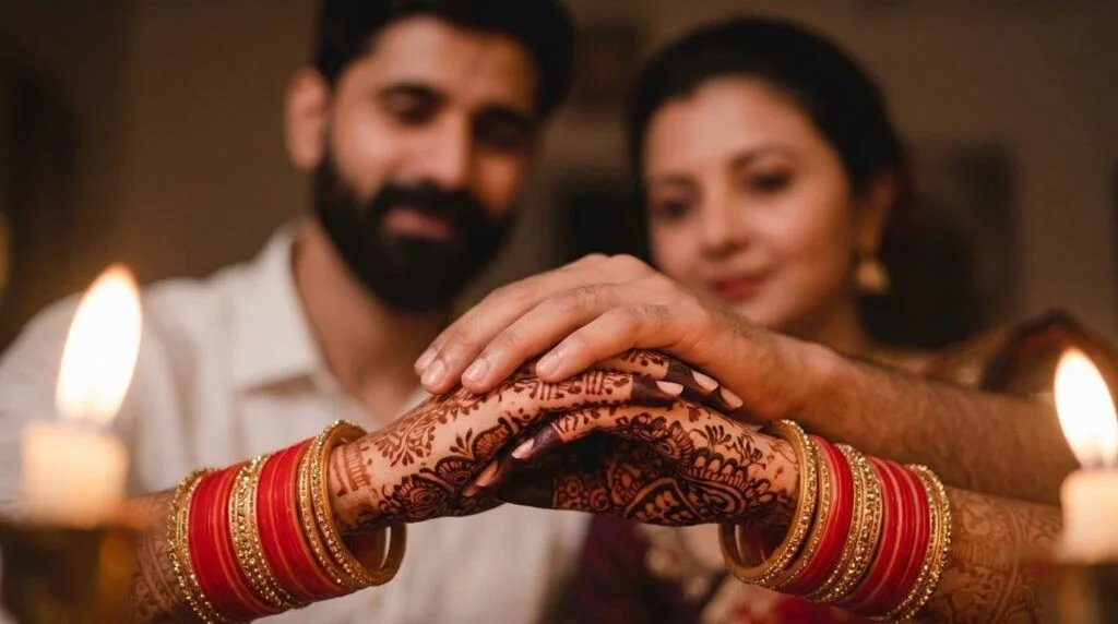 Indian couple holding hands with fresh mehndi and red bangles in soft candlelight