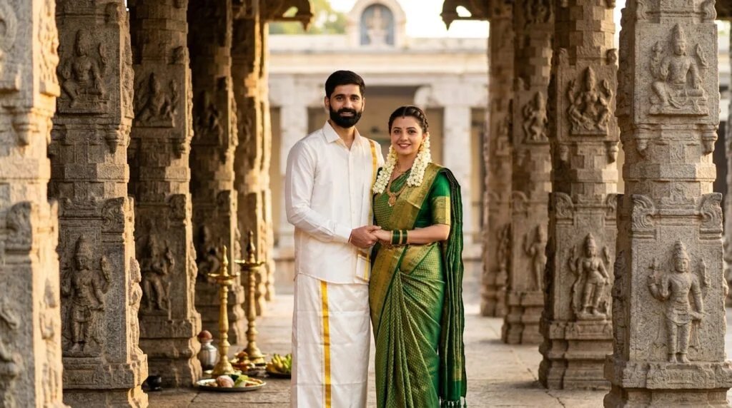 Indian couple in traditional South Indian attire standing in a temple courtyard at sunrise