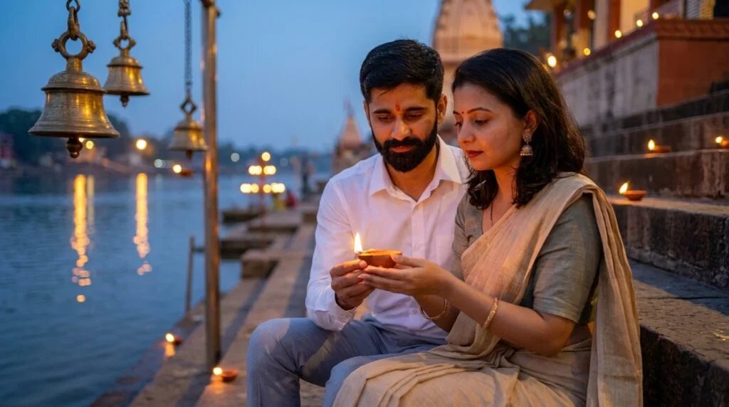 Indian couple holding a diya together on riverside ghat steps at dusk