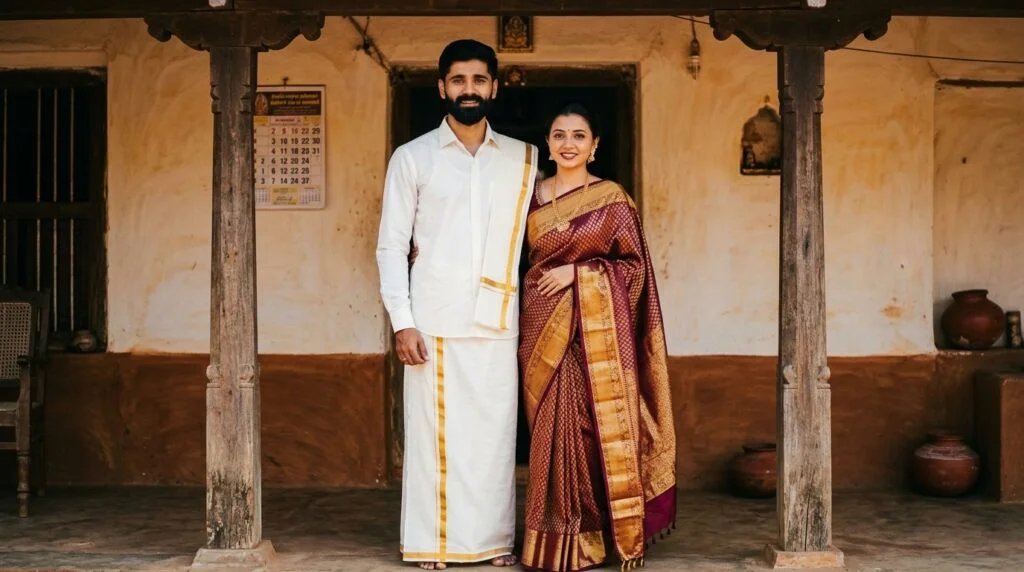 South Indian couple in traditional attire posing on a rustic village house veranda