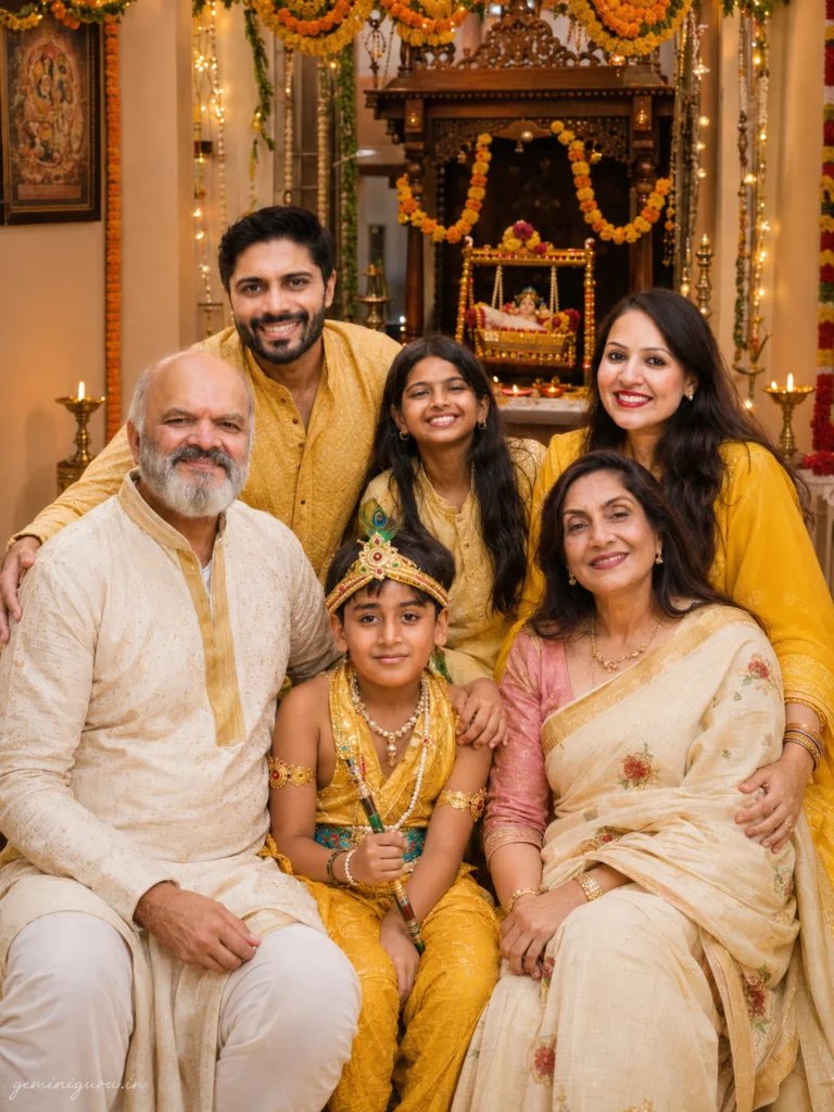 Indian family posing together at home for Janmashtami with a child dressed as Bal Gopal