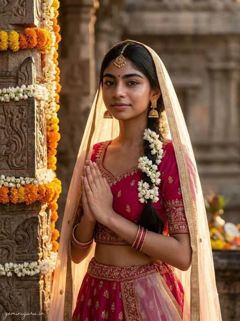 Girl in a Radha-inspired pink and gold outfit for a Janmashtami portrait