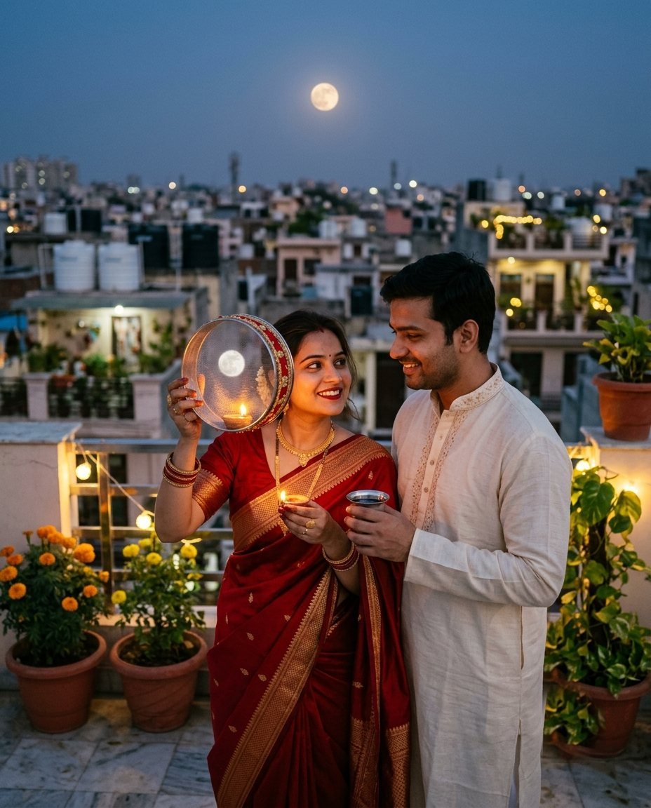 Couple on a terrace at moonrise, she holding a diya in a decorated sieve and he offering water