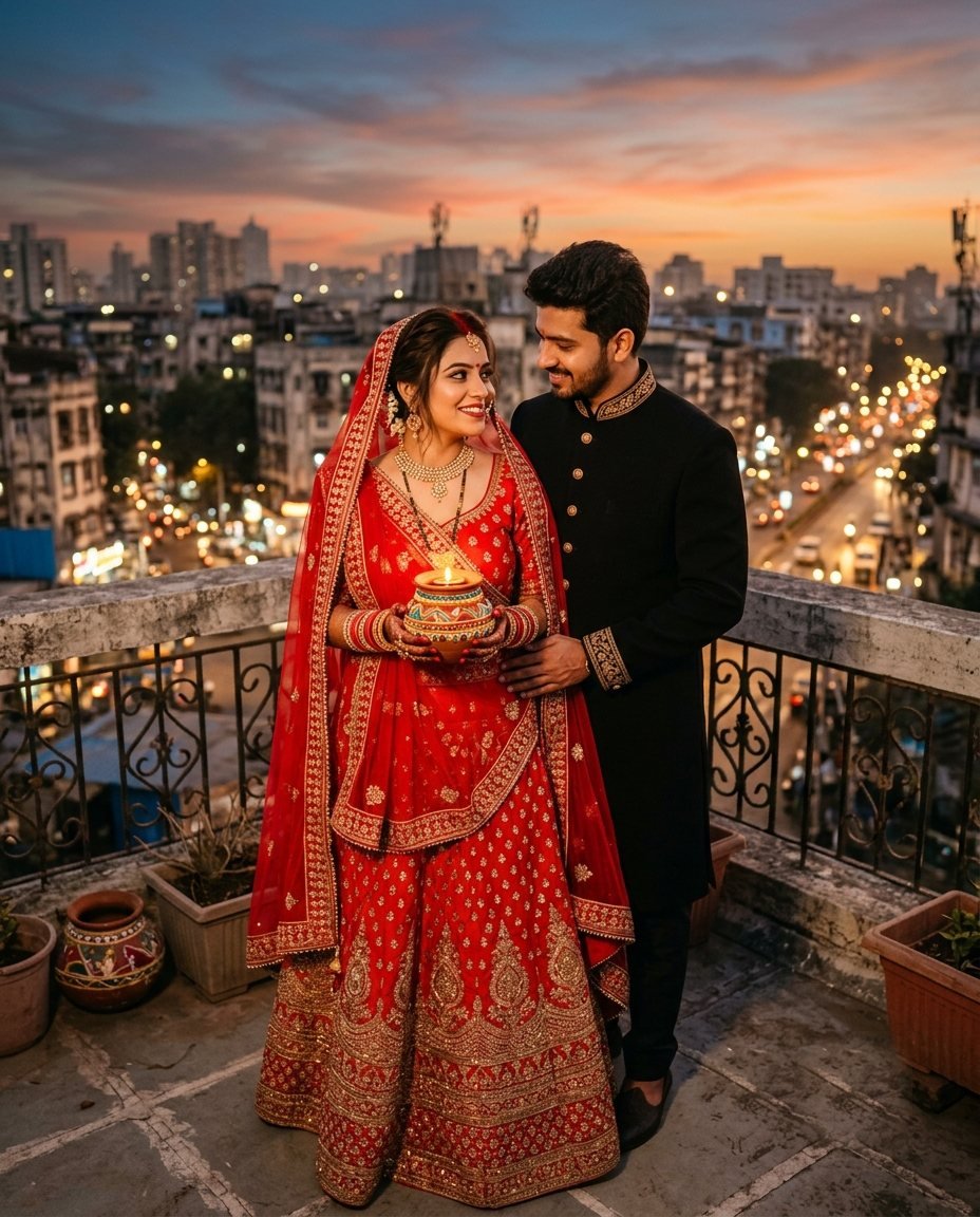 Couple on a rooftop at sunset, she in a red lehenga with a karwa pot and he in a black sherwani