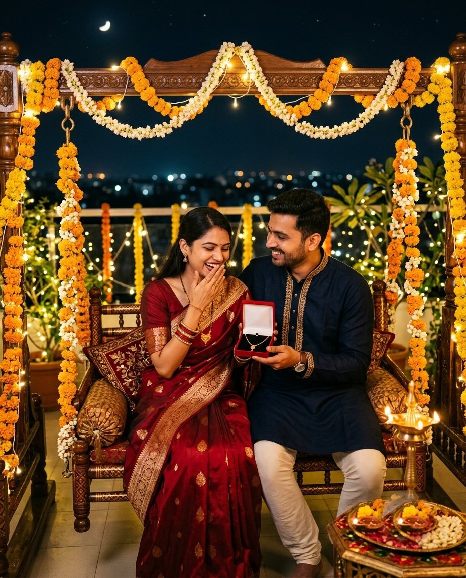 Couple on a terrace swing as he hands her a small gift box and she laughs in surprise