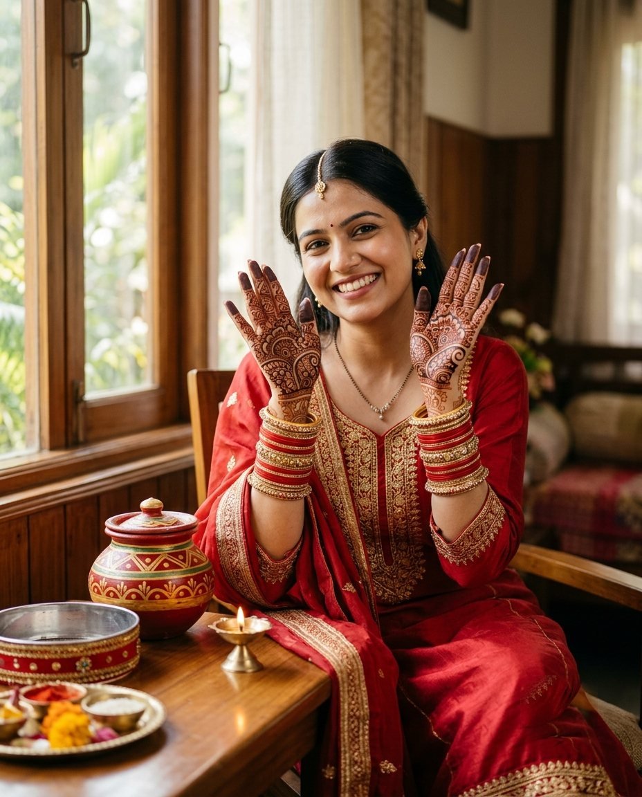 Woman by a sunlit window holding up hands with fresh mehendi beside her smiling face with a karwa pot on the table