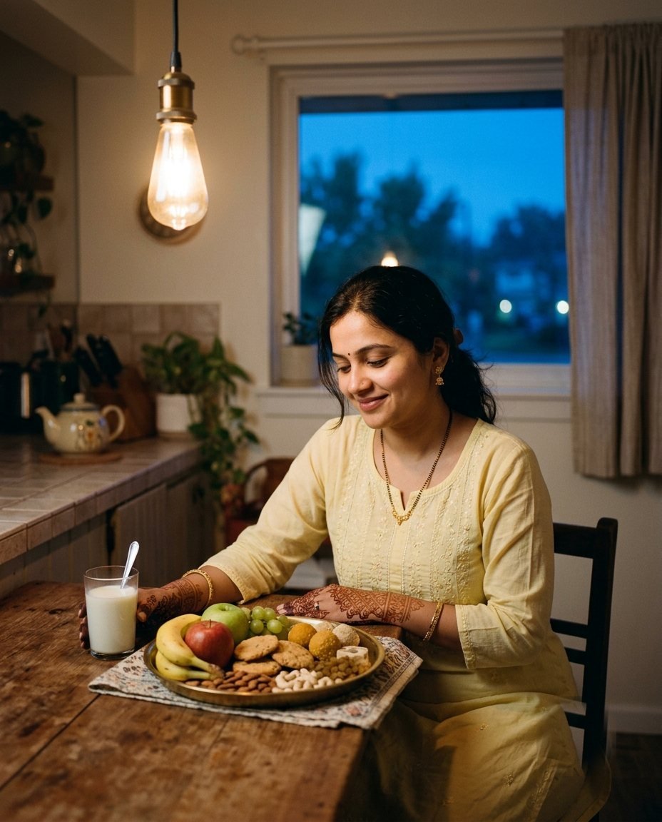 Woman at a kitchen table before dawn with a sargi thali of fruit, dry fruits and mathri under a warm hanging lamp