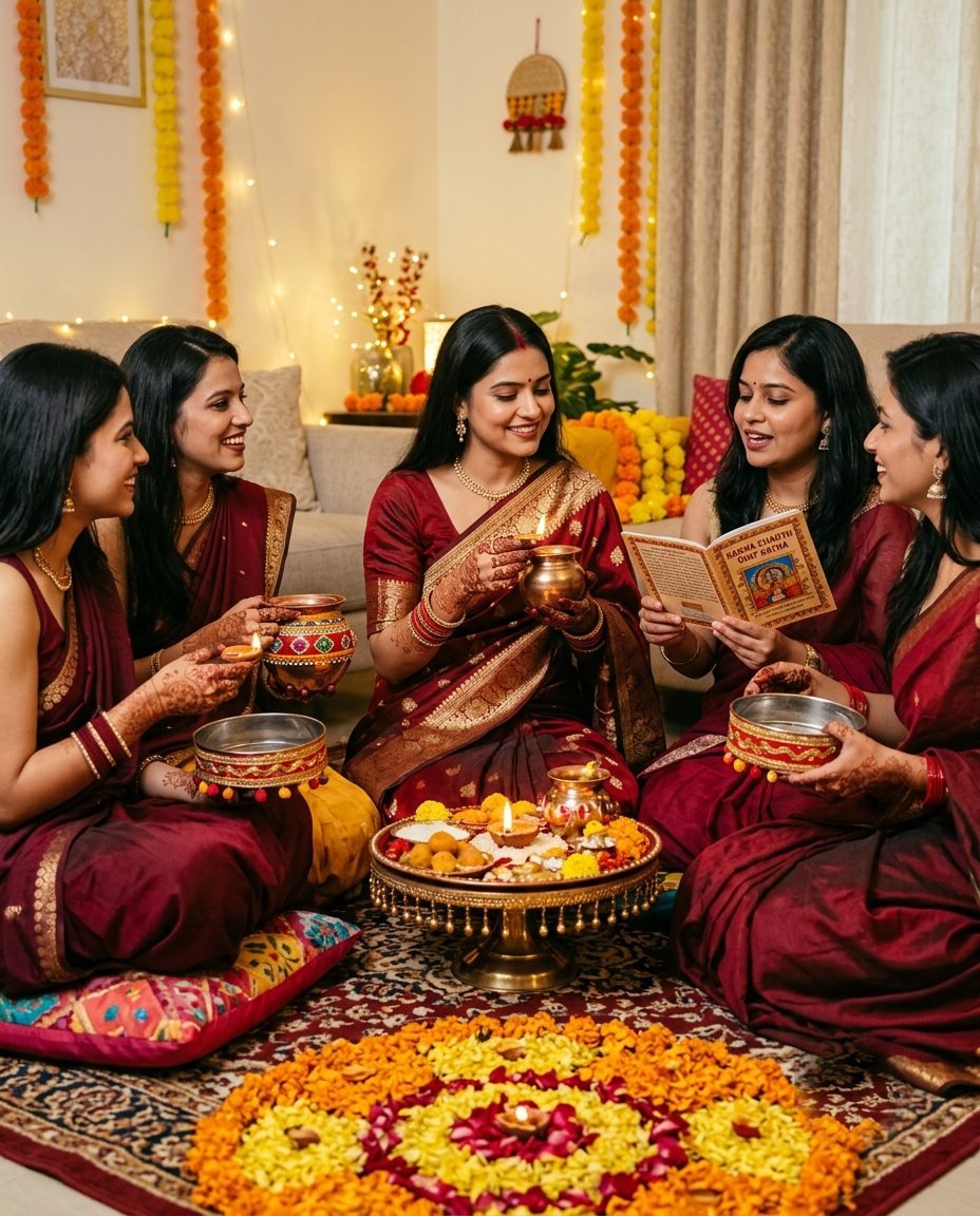 Woman sitting in a circle with four other women around a decorated pooja thali with karwa pots and diyas
