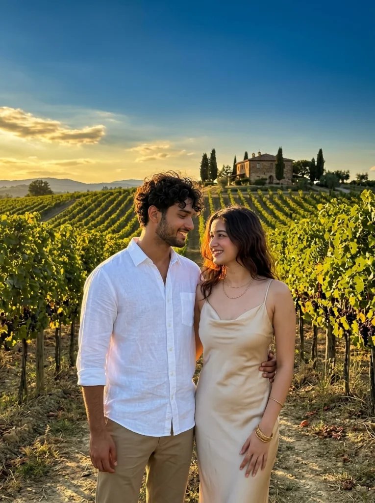 Love couple Gemini AI prompt preview with Italian vineyard, golden hour light, and romantic linen outfits