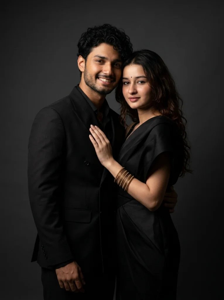 Love couple Gemini AI prompt preview with charcoal studio backdrop, black formal outfits, and dramatic Rembrandt light