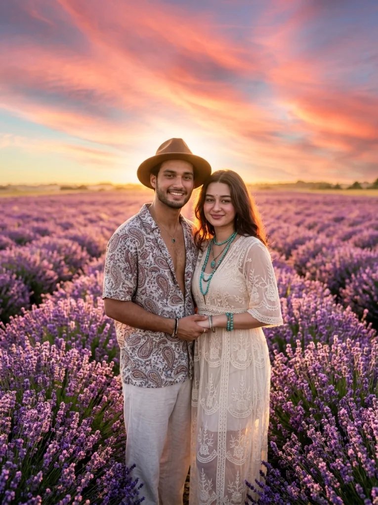 Love couple Gemini AI prompt preview with lavender field, sunset backlight, lace dress, and free-spirited styling