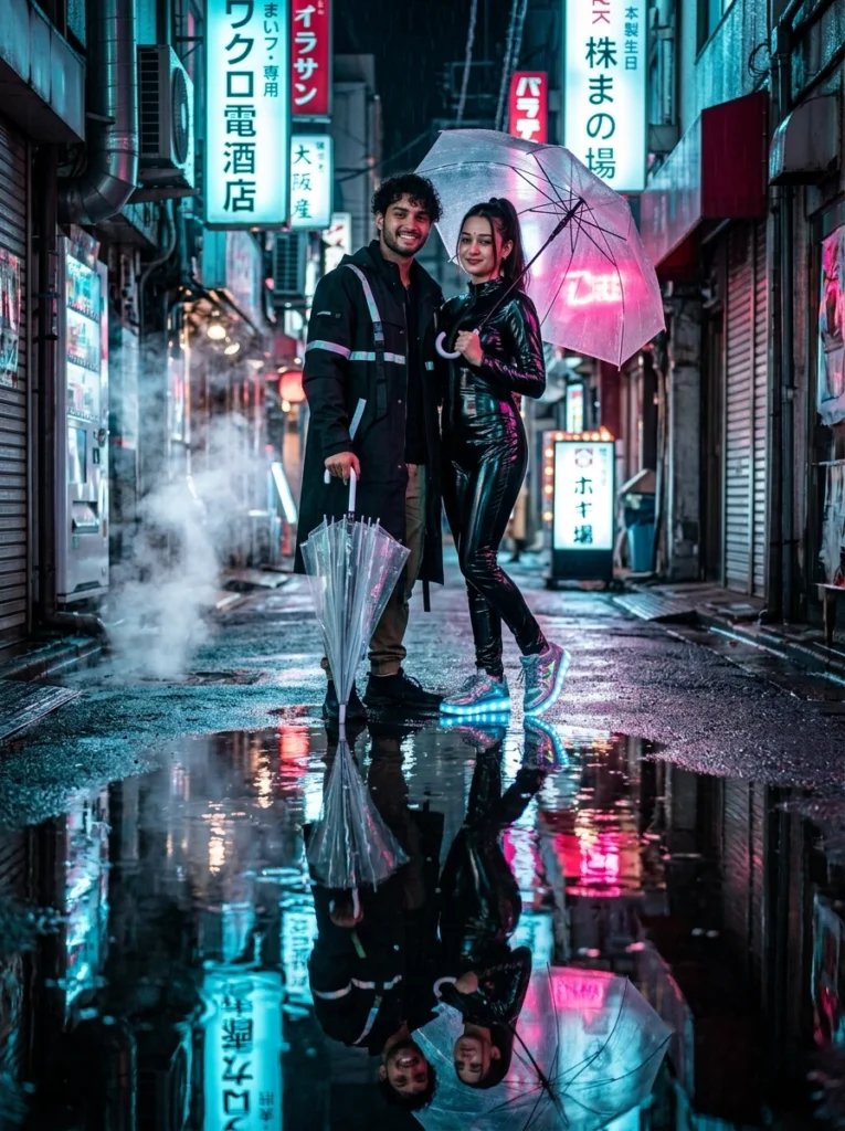 Love couple Gemini AI prompt preview with rainy Tokyo street, neon reflections, umbrellas, and techwear outfits