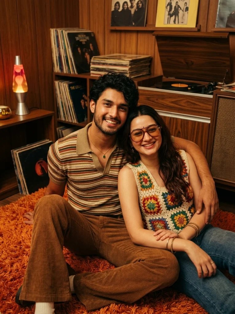 Love couple Gemini AI prompt preview with 1970s vinyl room, orange shag rug, lava lamp, and warm Kodachrome light