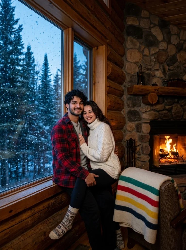 Love couple Gemini AI prompt preview with snowy cabin window, fireplace light, flannel shirt, and chunky sweater
