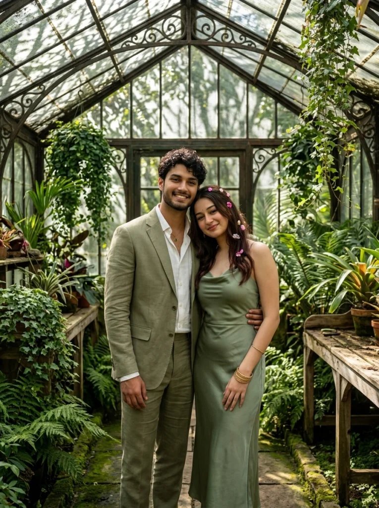 Love couple Gemini AI prompt preview with Victorian greenhouse, tropical plants, dappled sunlight, and sage outfits