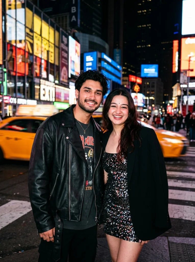 Love couple Gemini AI prompt preview with neon city street, camera flash, leather jacket, and sequined outfit