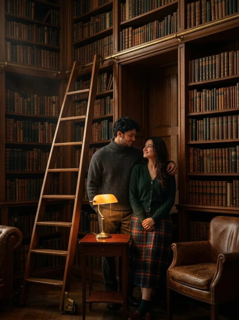 Love couple Gemini AI prompt preview with moody library date, warm desk lamp, and dark academia outfits