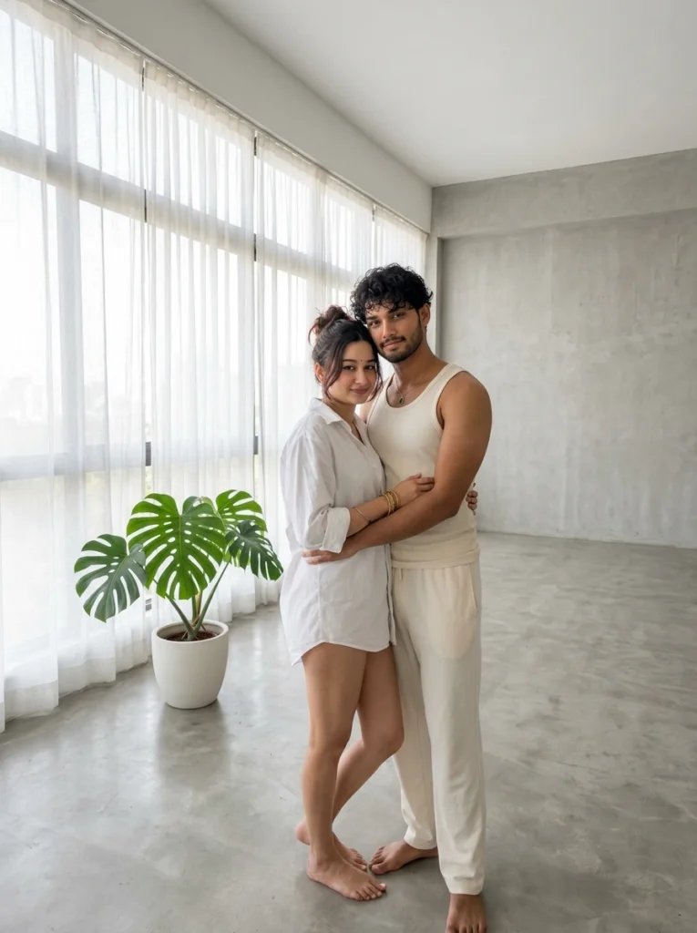 Love couple Gemini AI prompt preview with minimalist loft, morning window light, and white lounge outfits