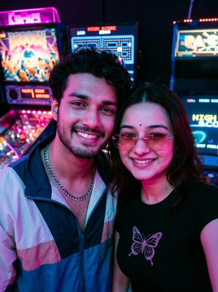 Love couple Gemini AI prompt preview with retro arcade, pink and blue neon glow, and playful Y2K outfits