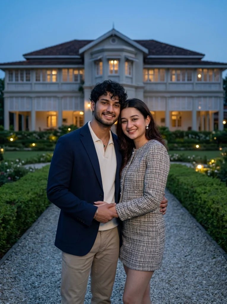 Love couple Gemini AI prompt preview with mansion path, blue hour light, navy blazer, and tweed outfit