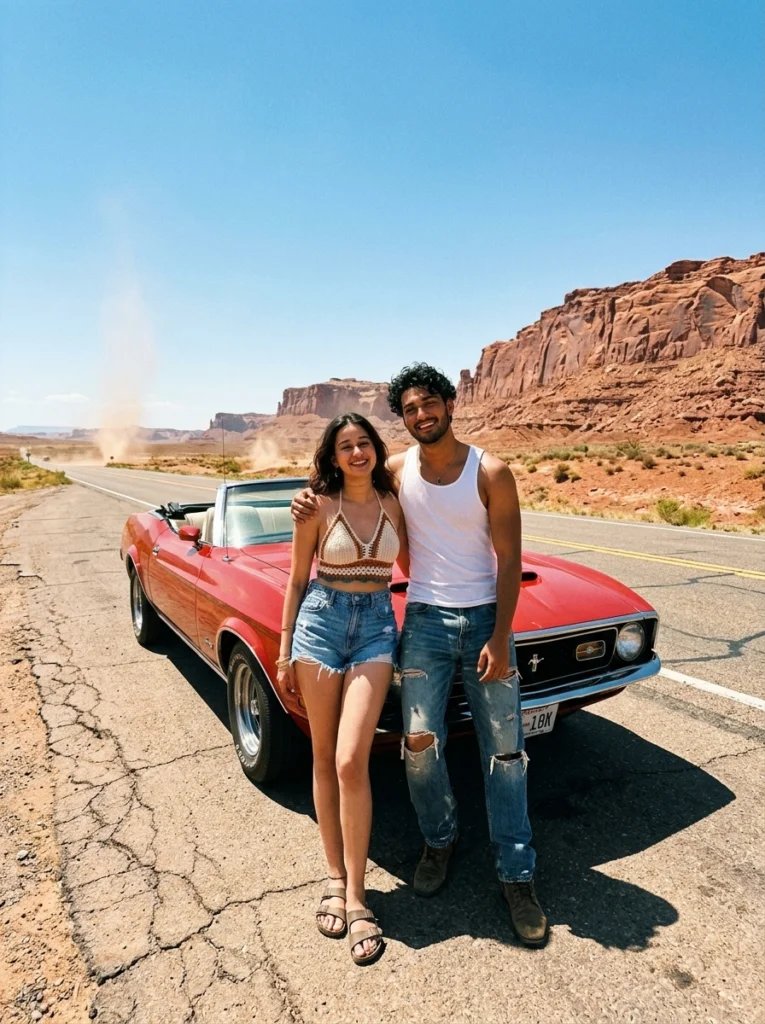 Love couple Gemini AI prompt preview with desert highway, vintage convertible, harsh sun, and denim styling