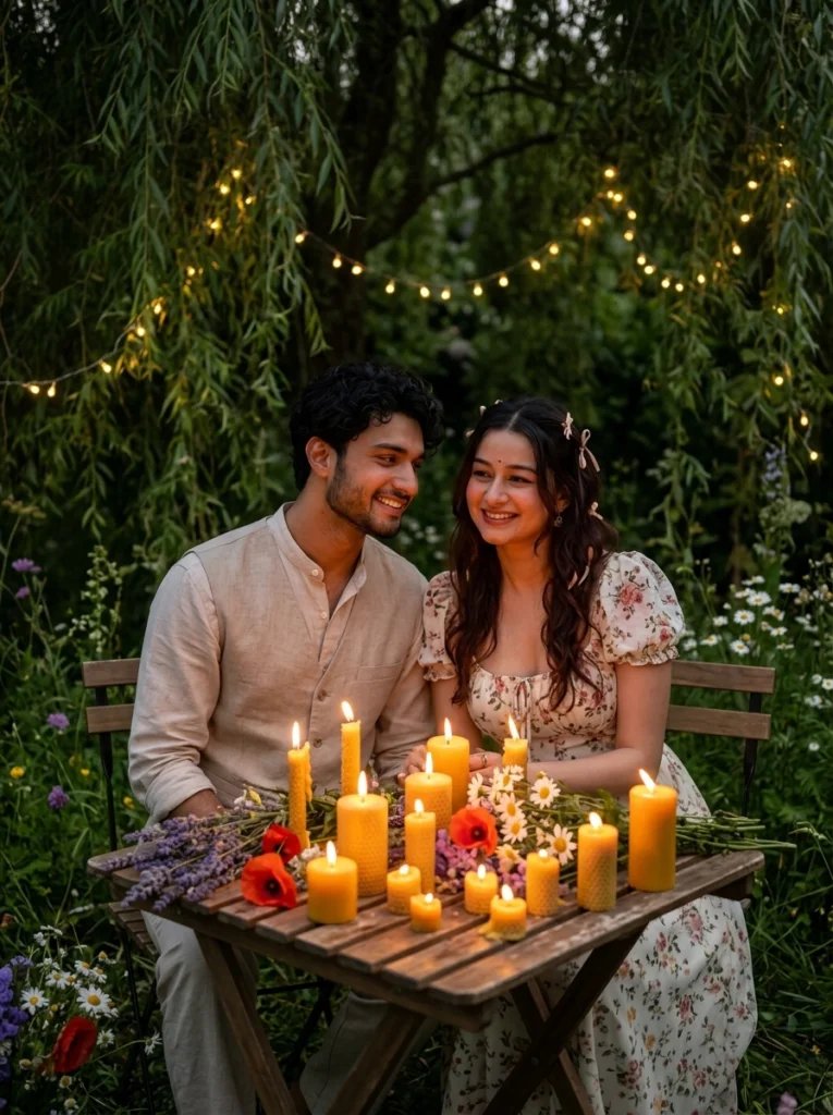 Love couple Gemini AI prompt preview with candlelit garden dinner, wild flowers, and romantic cottagecore outfits