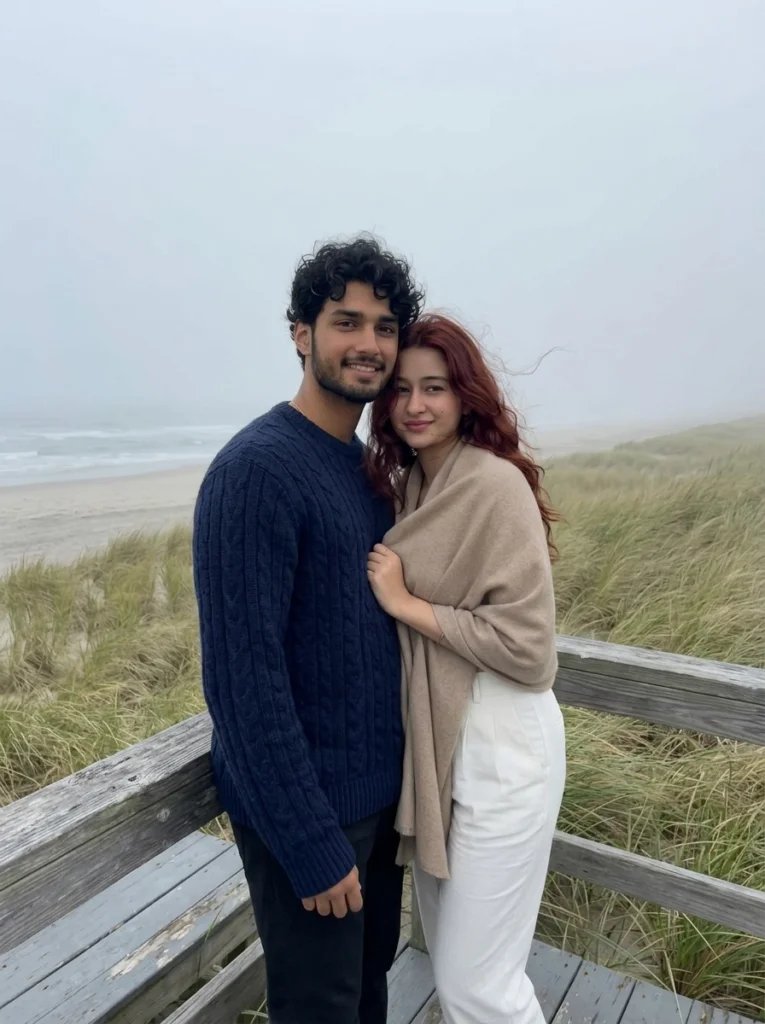 Love couple Gemini AI prompt preview with foggy beach deck, cable-knit sweater, and muted coastal morning light