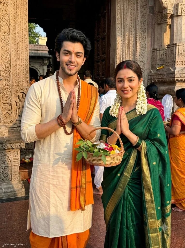 Indian couple with folded hands at a Shiva temple during Sawan