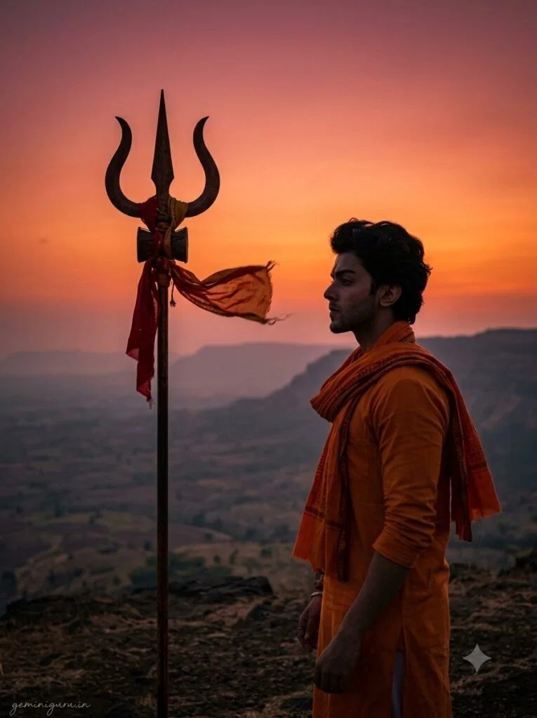 Mahadev devotee standing beside a trishul on a hilltop at sunset