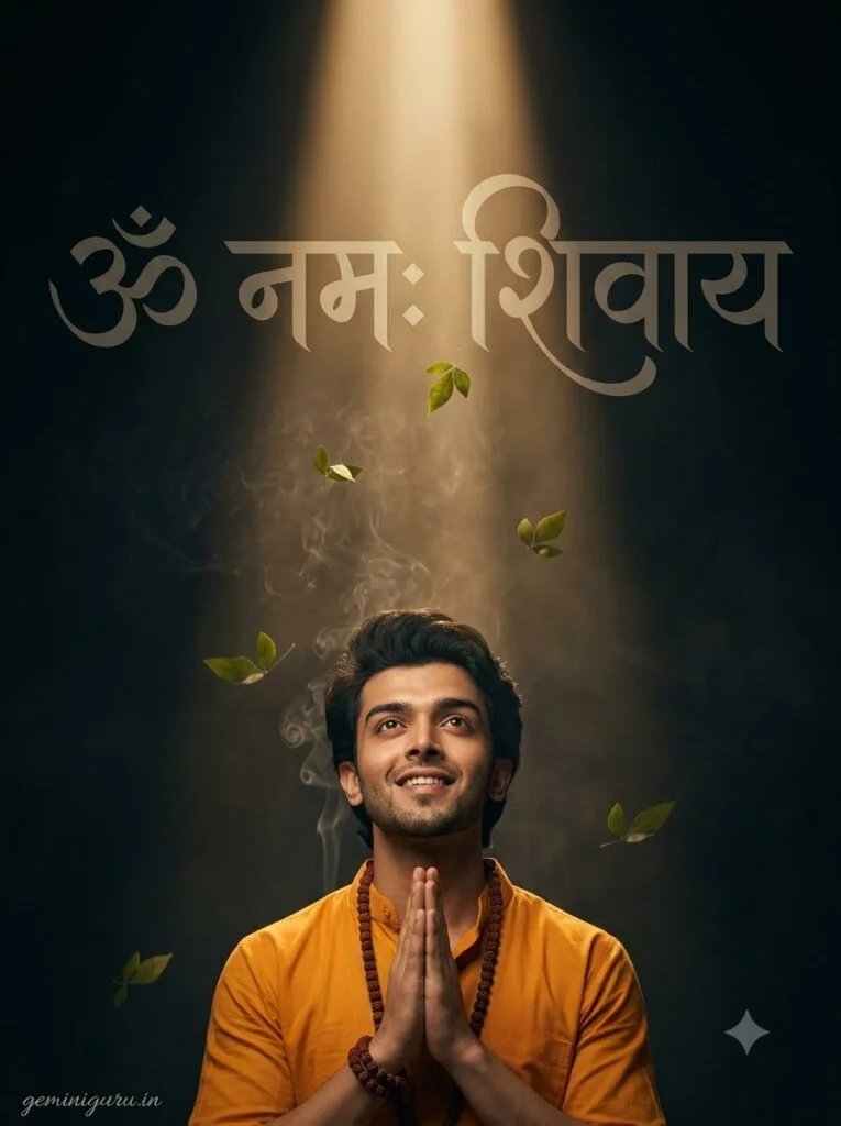 Vertical Om Namah Shivaya devotional poster with Mahadev devotee in saffron