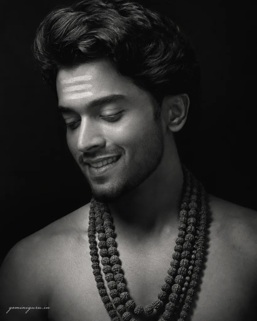 Black and white Mahadev devotee portrait with rudraksha malas and sacred ash