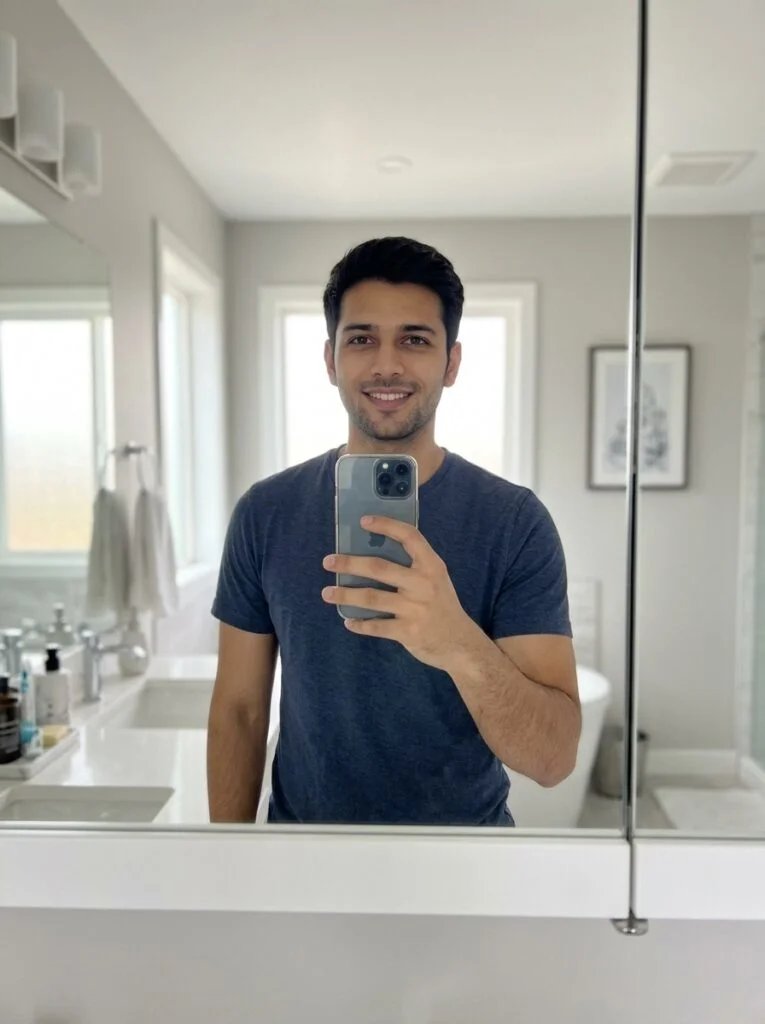 Mirror reflection accuracy prompt example with realistic room depth, clean background, natural pose, soft lighting, balanced colors, and sharp details