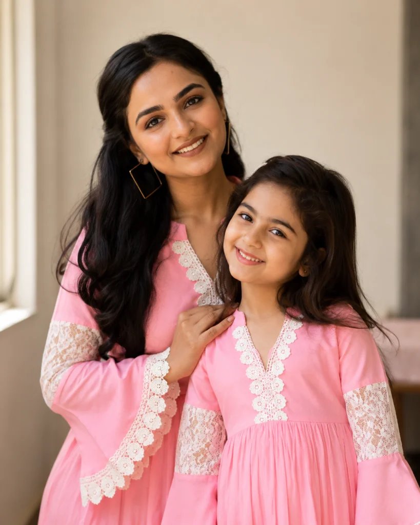 Mother and daughter posing together in a natural family portrait
