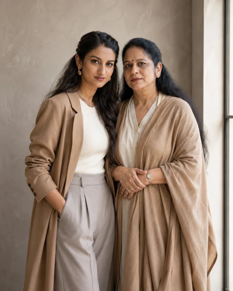 Mother and adult daughter posing for a modern editorial portrait