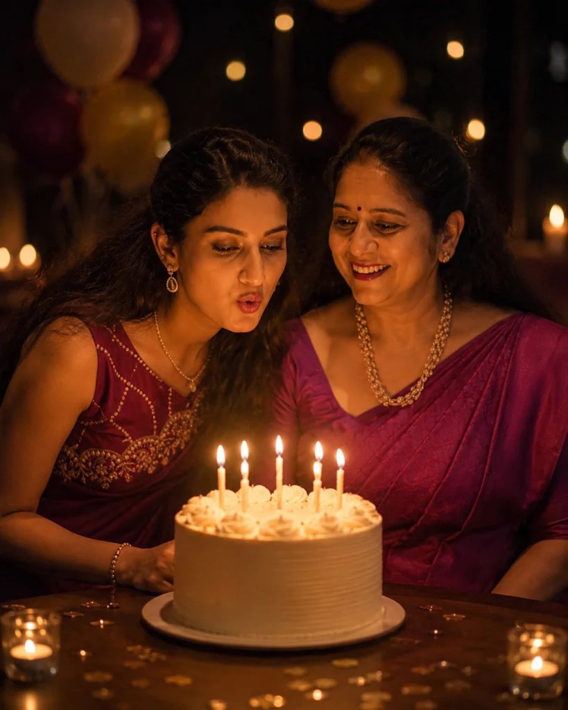 Mother and daughter celebrating a birthday together with a cake