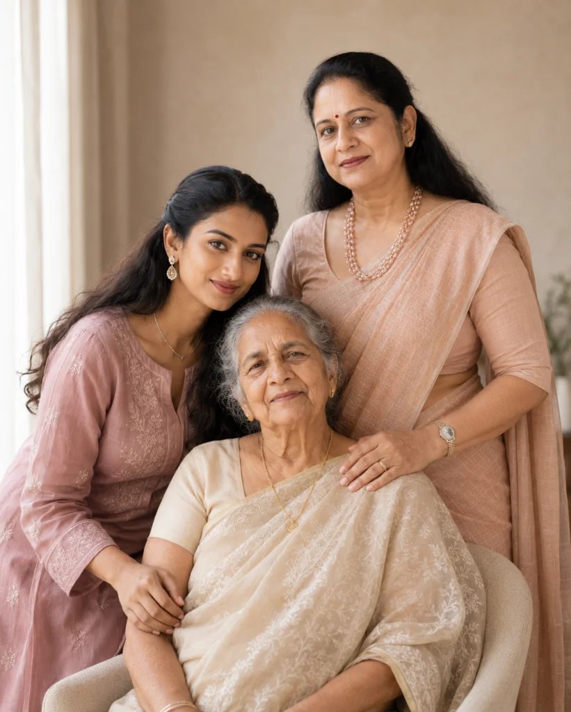 Grandmother, mother and daughter posing for a three-generation portrait