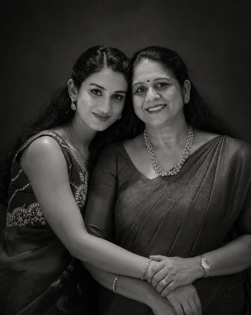 Fine-art black and white portrait of a mother and daughter