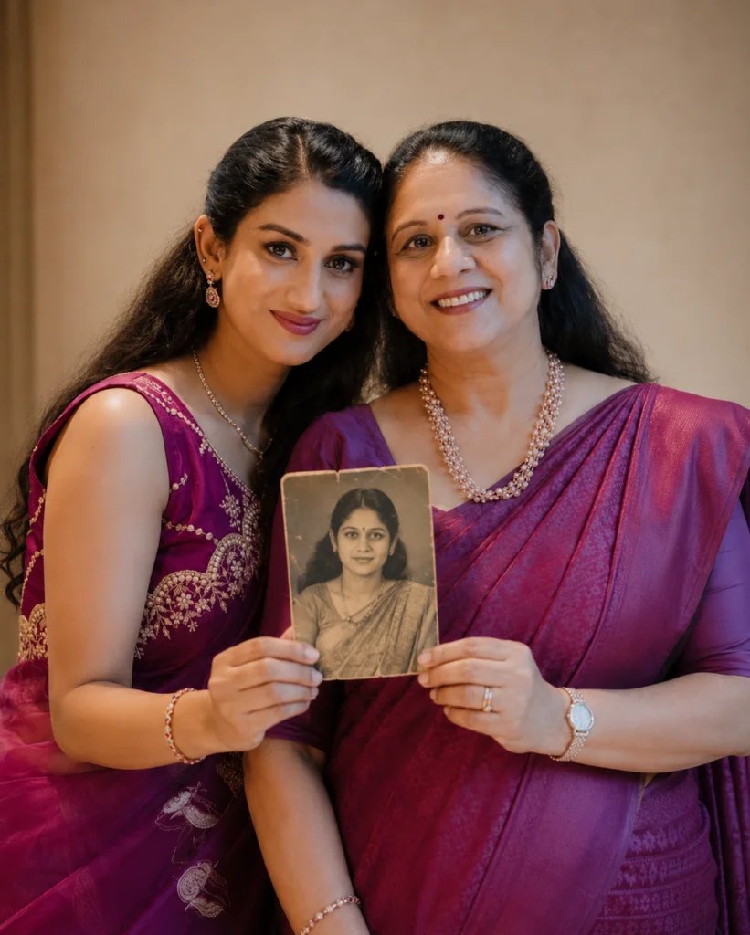 Adult daughter beside a recreation of her mother as a young woman