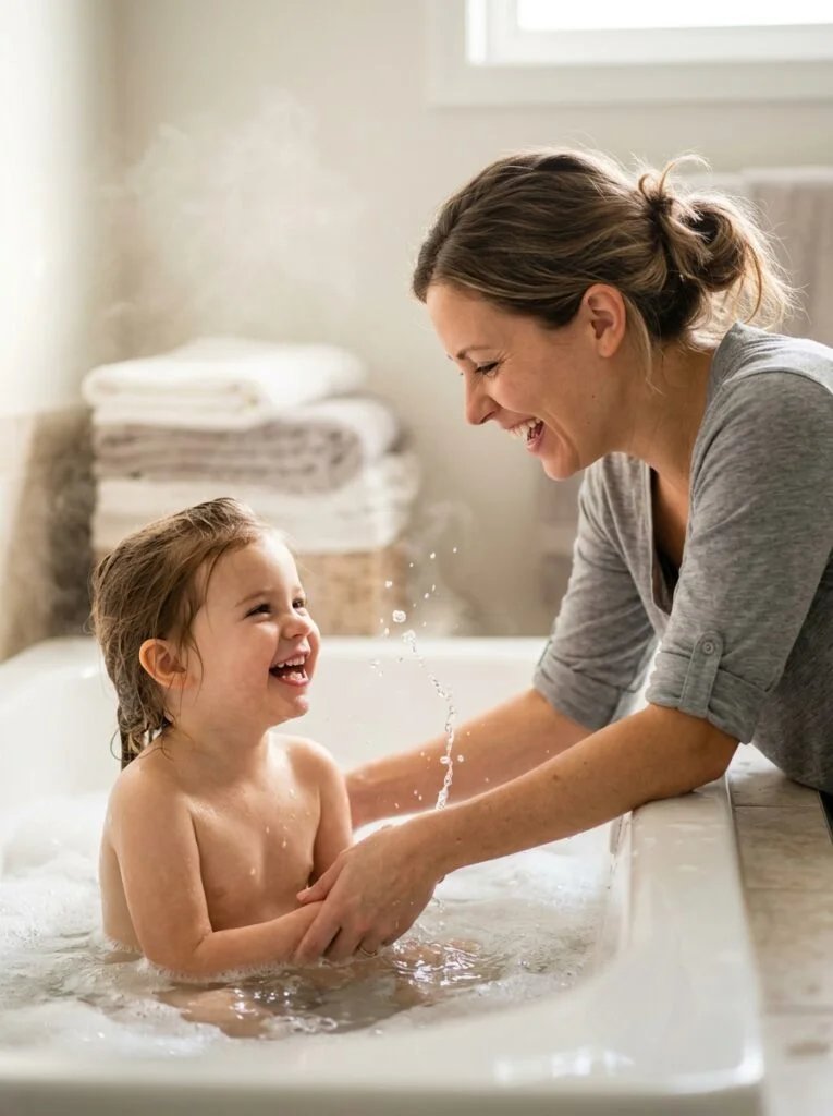 Mother and toddler daughter laughing together at bath time