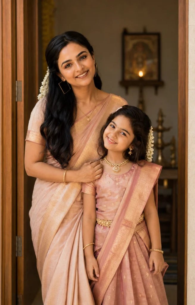 Mother and young daughter wearing coordinated traditional saree outfits
